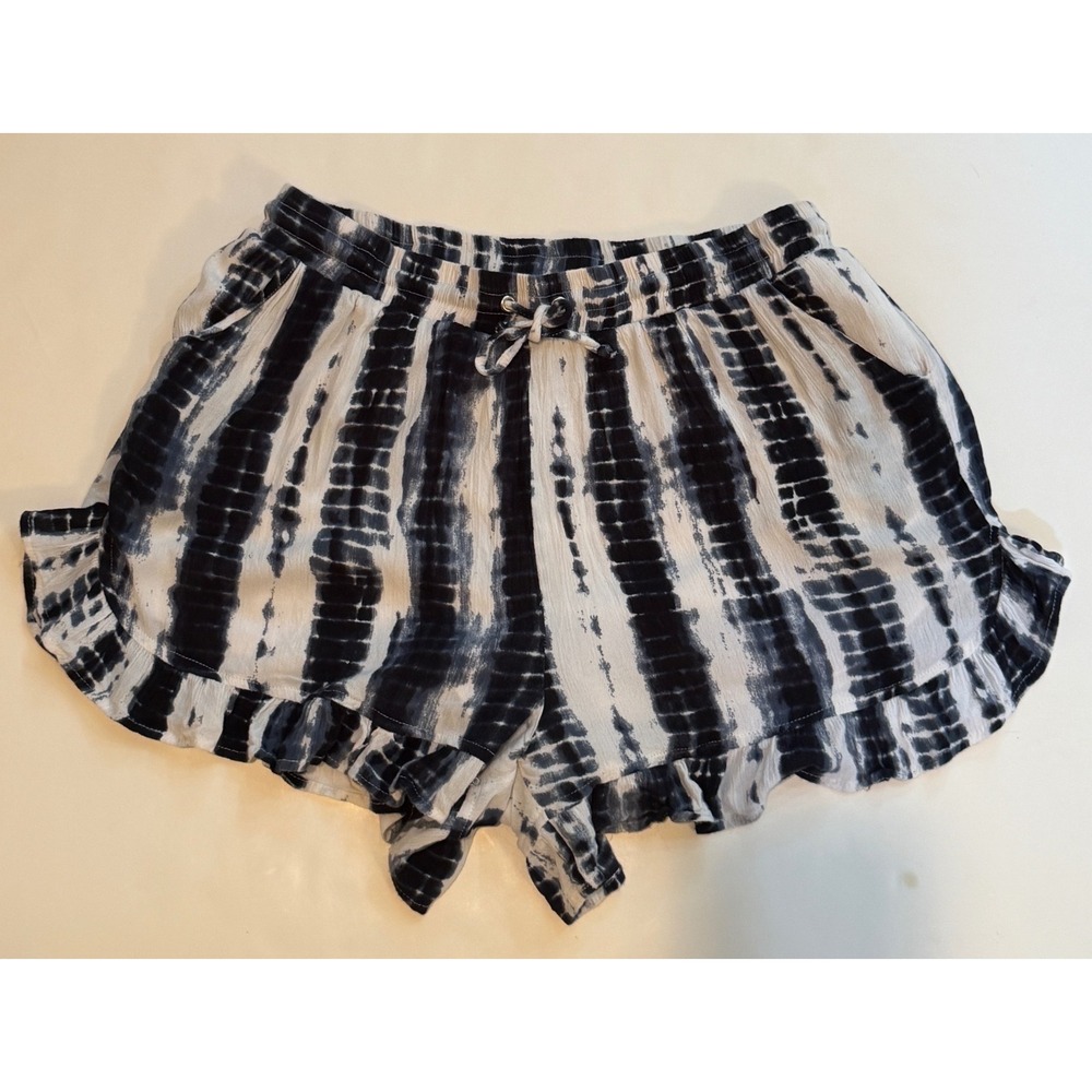 Dizzylissy Tie Dye Ruffle Hem Shorts Black White Rayon Boho Summer L
